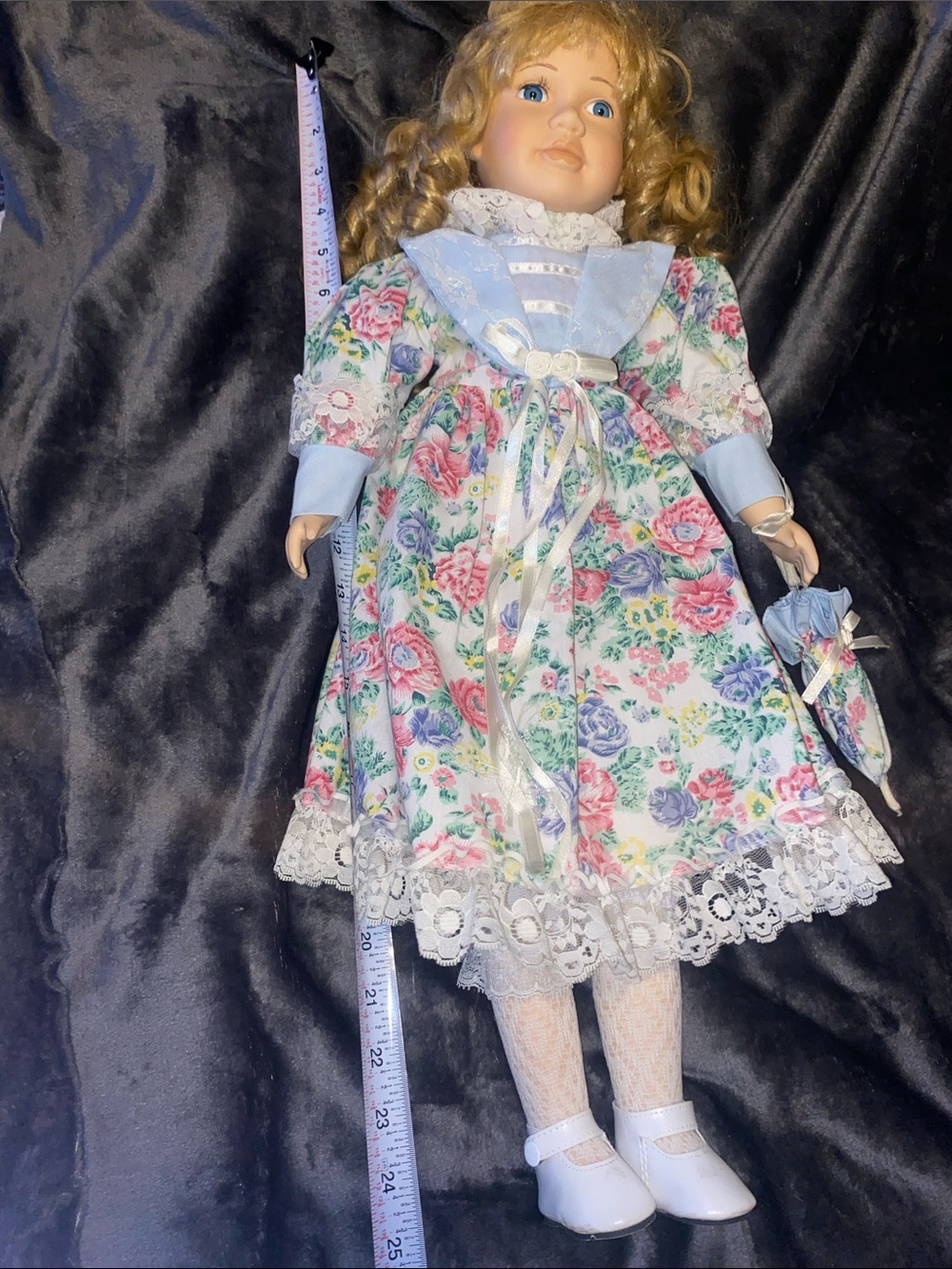 Porcelain Floral Dress Doll with Blue Accents - Classic Collectible
